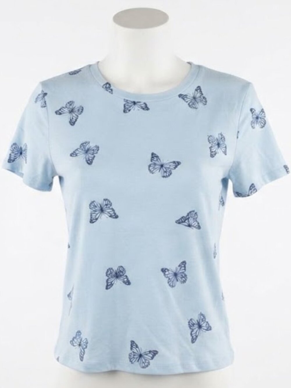 Women's Light Blue Butterfly Print Short Sleeve Tee size S